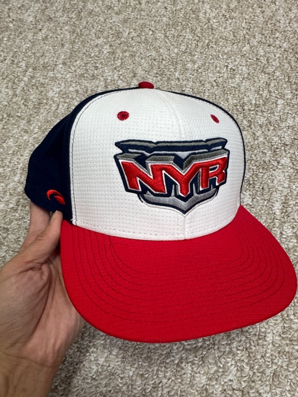 NYR Logo Trucker Hat in White, Red & Navy
